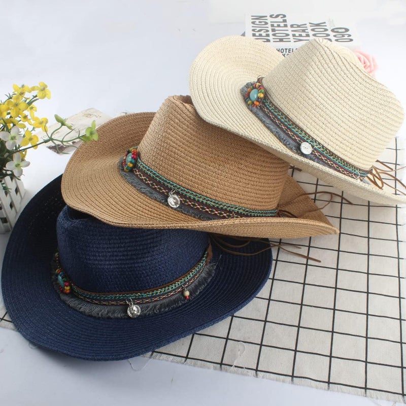 Holiberty Mens Straw Cowgirl Cowboy Hat Women Floppy Packable Wide Brim Sun Hat UPF50 Western Panama Travel Beach Cap Fedora Bucket Hat - Image 5